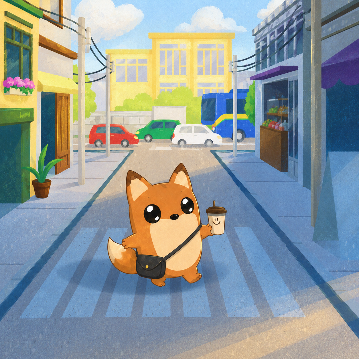 FWOX crossing the street with a coffee