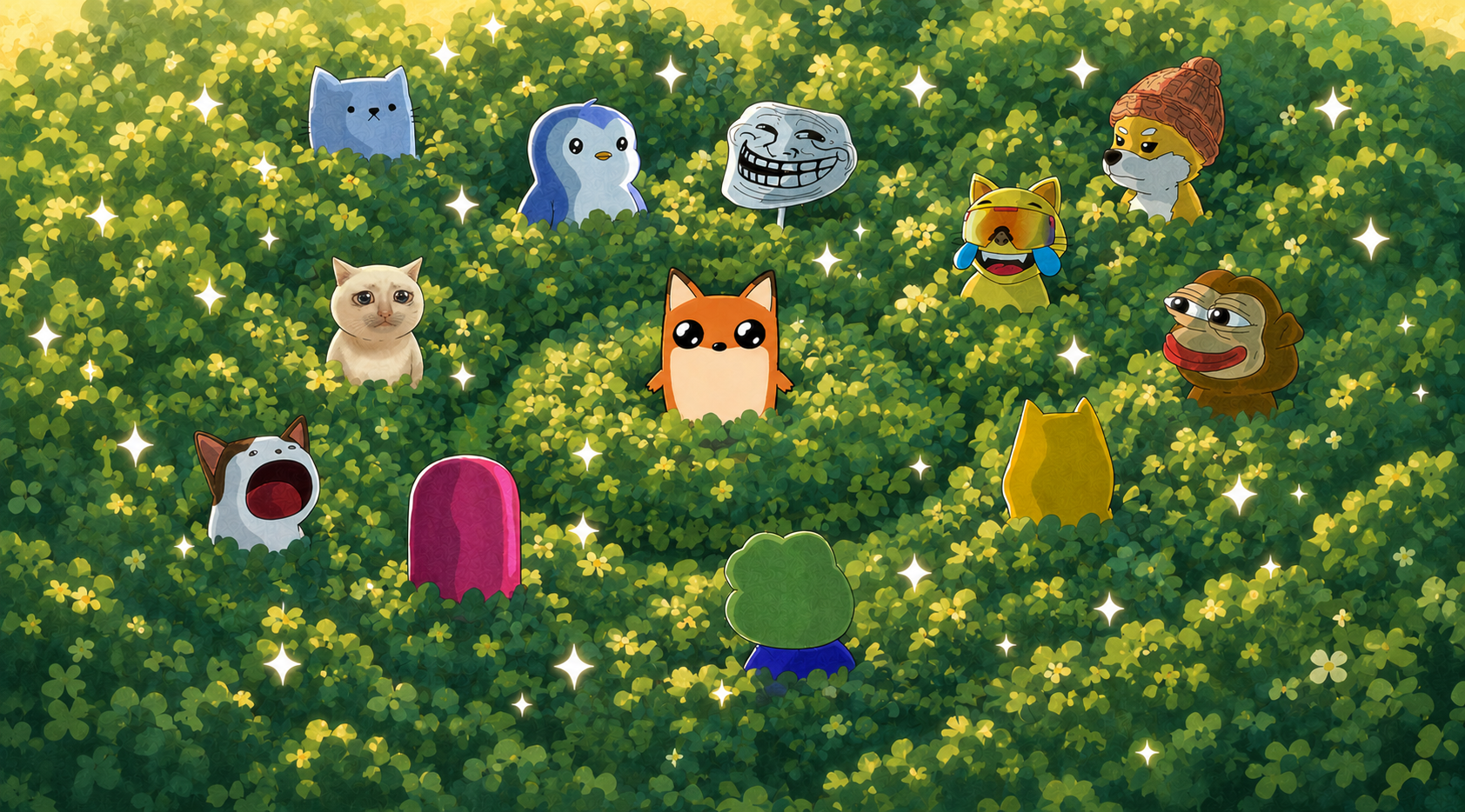 FWOX and meme friends peeking out of clover bushes